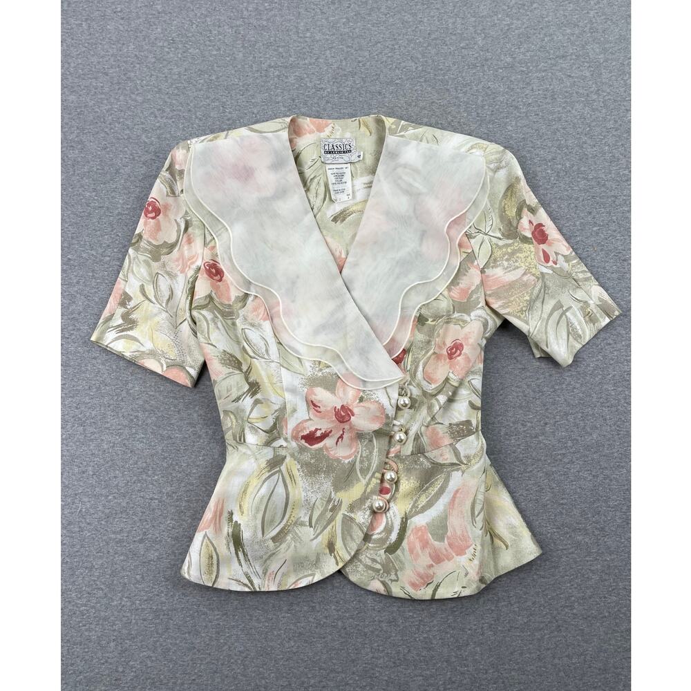 Vintage Leslie Fay Floral Wrap Top Womens 4P Pastel Chiffon Blouse Union-Made
